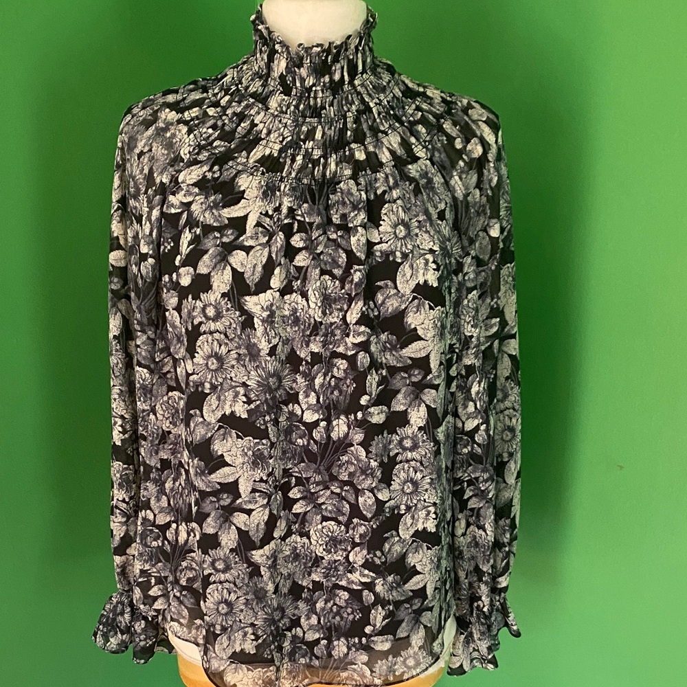 cinq a sept Black and White Floral Smocked Neck Blouse